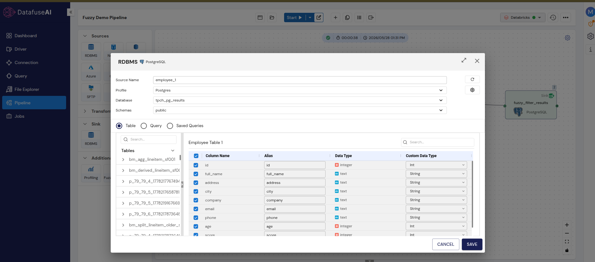 DataFuseAI RDBMS source node configuration for employee_1 — PostgreSQL connection, tch_pg_results database, employee_table_1 selected, column list showing full_name as the name column