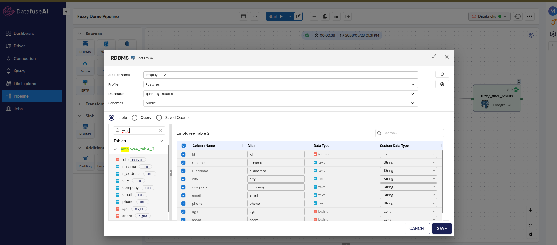 DataFuseAI RDBMS source node for employee_2 — same PostgreSQL connection, employee_table_2 selected, showing r_name and r_address columns instead of full_name and address, illustrating the schema mismatch