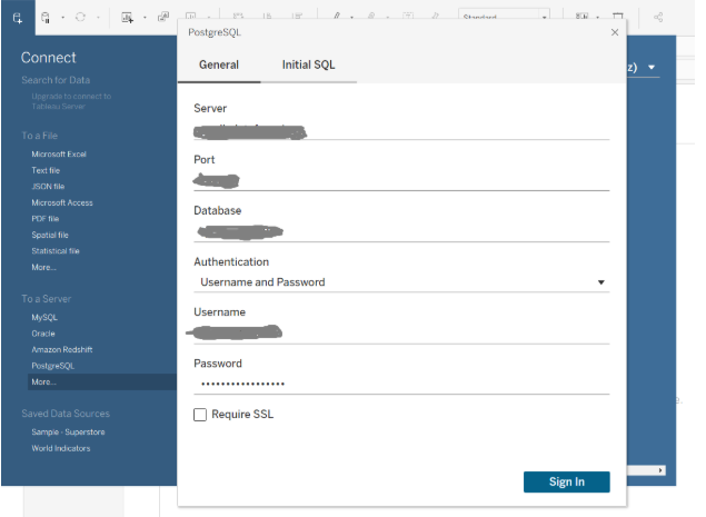 Tableau Desktop PostgreSQL connection dialog showing server field set to pg.db.datafuseai.org, port field set to 15432, database field set to tpch_pg_results, and Live connectivity type selected