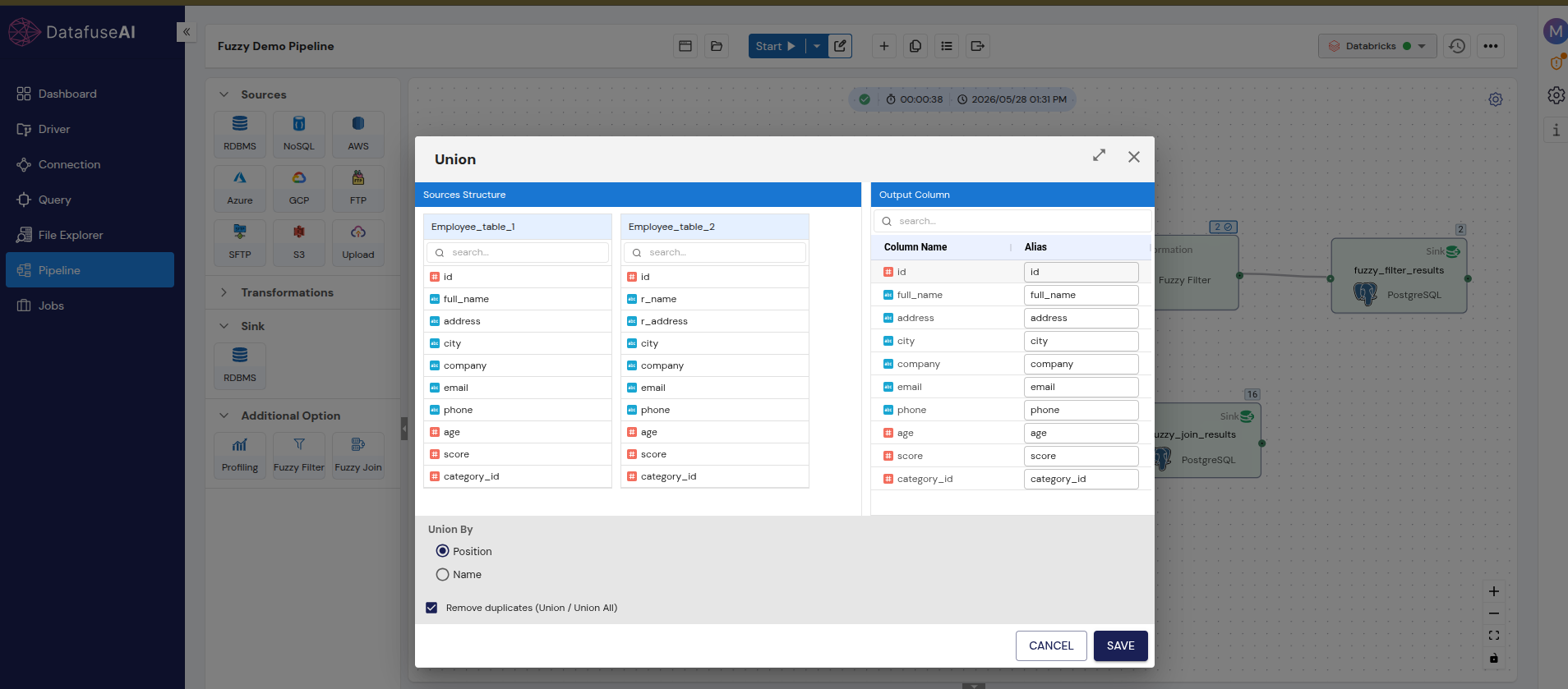 DataFuseAI Union transformation configuration showing Employee_table_1 and Employee_table_2 side by side, Union By Position selected, Remove duplicates checkbox enabled, output column list showing merged schema